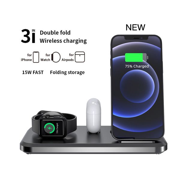 UV-06 3-in-1 15W Wireless Charger Foldable Qi Fast Charging Stand Dock for iPhone Samsung iWatch AirPods on Sale