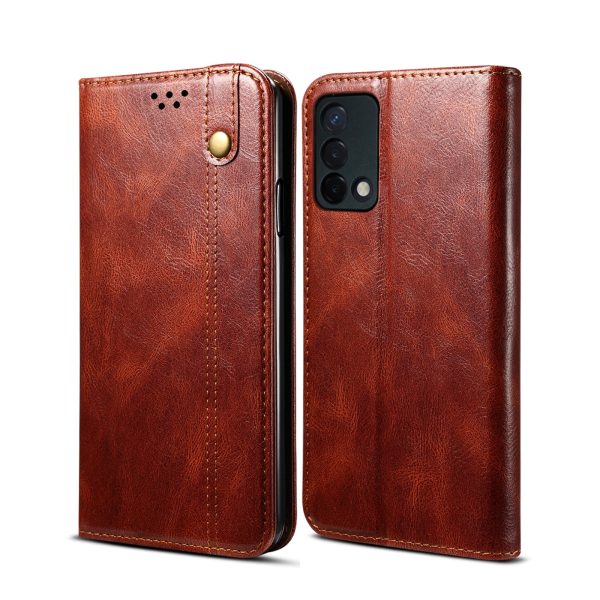 Oil Wax Surface PU Leather + Inner Soft TPU Phone Cover Case with Wallet Stand for Oppo F19 A74 4G Supply