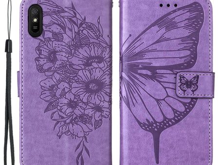 Butterfly Flower Pattern Imprinted PU Leather Wallet Stand Flip Case with Carrying Strap for Xiaomi Redmi 9A   9i (India)   9AT For Sale