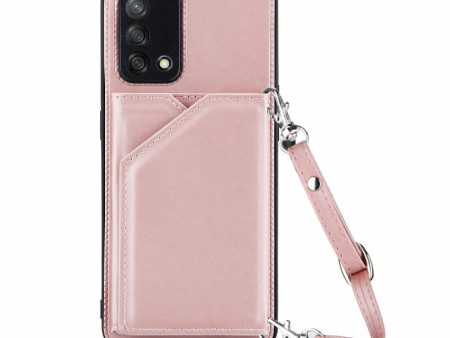 Kickstand Card Holder Glossy Leather TPU Hybrid Phone Case with Shoulder Strap for Oppo A74 4G F19 Online Sale