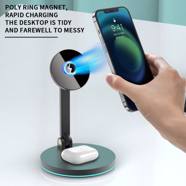 Y21 Folding Magnetic Wireless Charger 15W Fast Charging Stand Holder with LED Ambient Light for Earphones Smart Phones For Sale