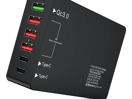 6 Ports Dual Type-C+QC3.0 Phone Tablet Wall Charger Fast Charging Power Adapter on Sale